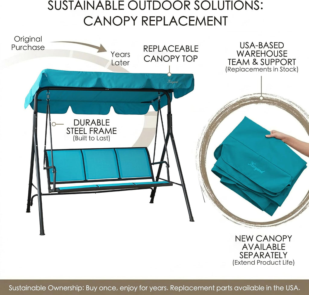 Kozyard 3-Person Outdoor Canopy Porch Swing Chair, Breathable Textilene Armrest Seat, Adjustable Shade, Heavy-Duty Powder-Coated Steel Frame Swing for Patio, Backyard, Poolside & Balcony, Blue