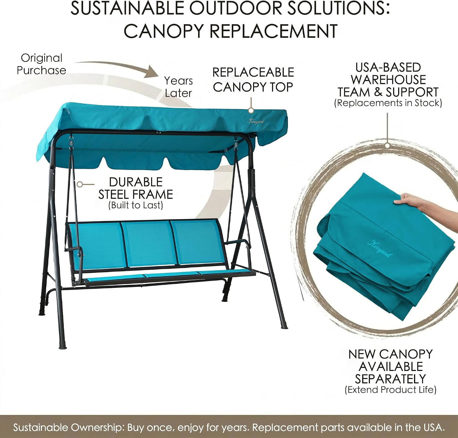 Kozyard 3-Person Outdoor Canopy Porch Swing Chair, Breathable Textilene Armrest Seat, Adjustable Shade, Heavy-Duty Powder-Coated Steel Frame Swing for Patio, Backyard, Poolside & Balcony, Blue