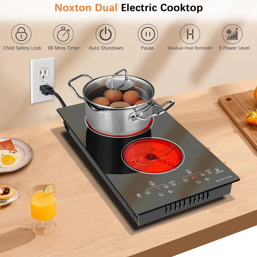 Noxton 110V Electric Cooktop 2 Burners, 12 Inch Electric Stove,Counter top Burner & Built-in Ceramic Stovetop, Sensor Touch Control Timer, Child Safety Lock, High Temperature Warning