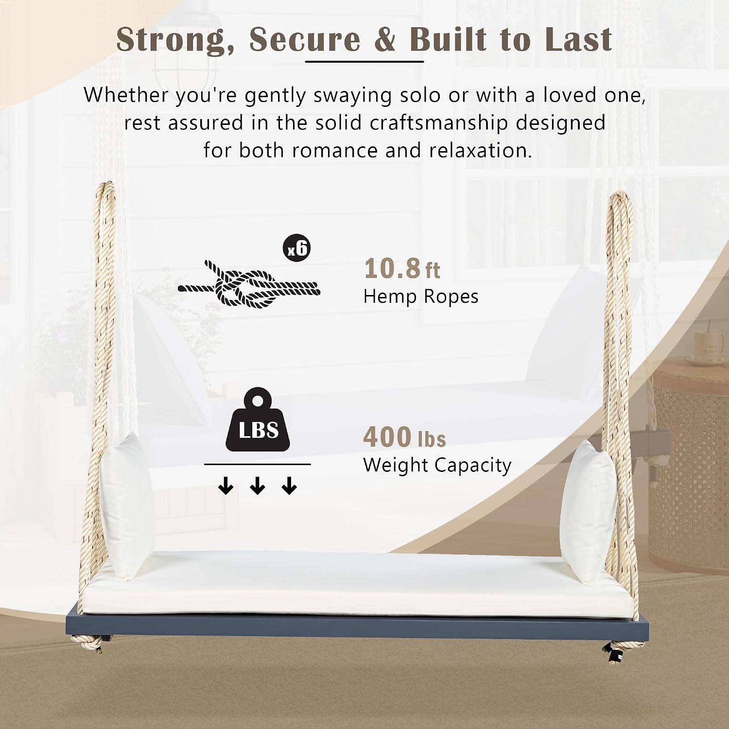 YOPTO Acacia Wood Porch Swing Bench with Cushion & Pillows, 63' Outdoor Hanging Bench for 2 Adults, Rustic Heavy Duty 10.8ft Ropes Swing Daybed for Patio Backyard Garden, White