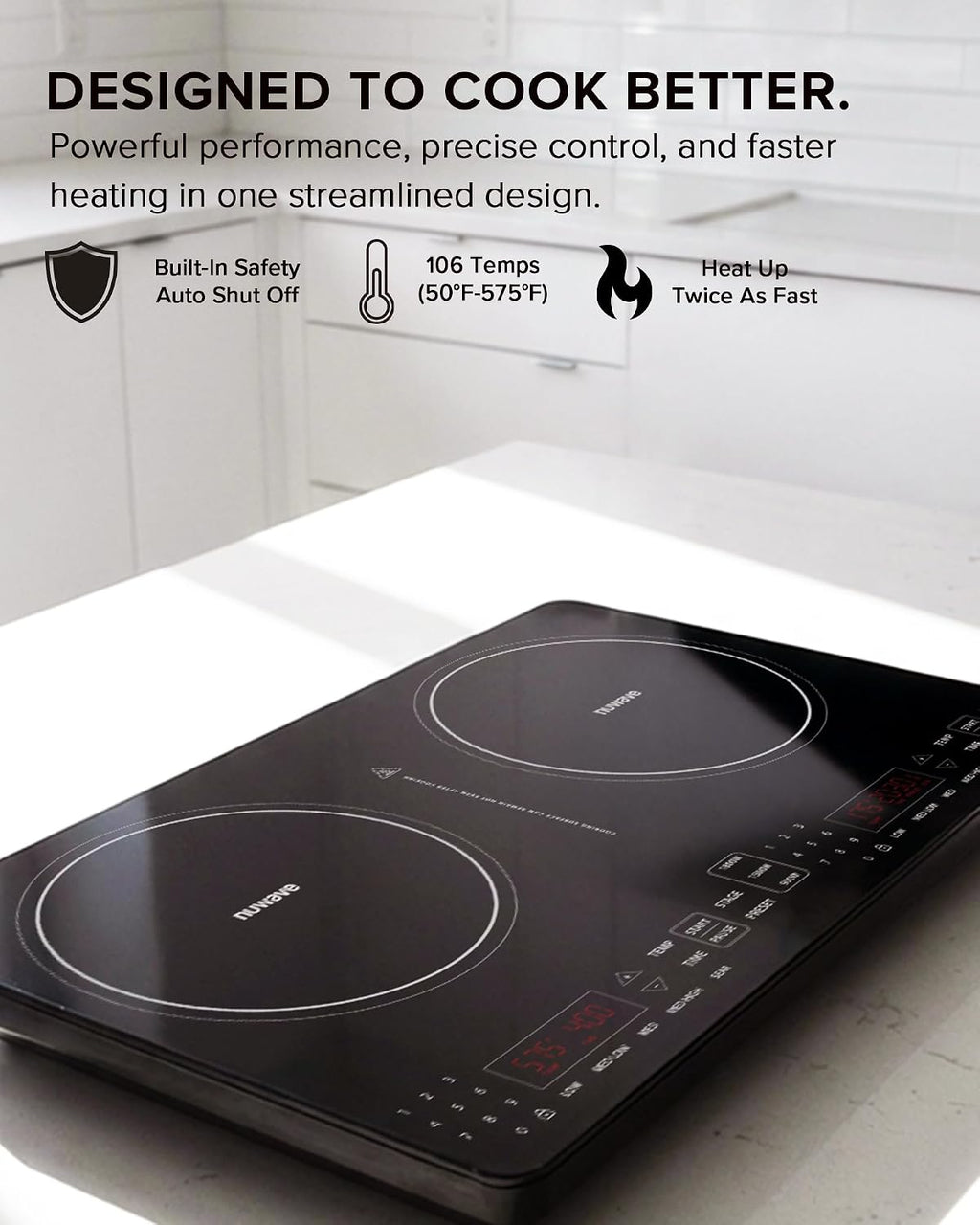 Nuwave PIC Double Portable Induction Cooktop, 900W/1500W/1800W Options, Two 8' Heating Zones, 106 Precise Temperatures from 50°F–575°F in 5°F Increments, Shatter-Resistant Ceramic Glass