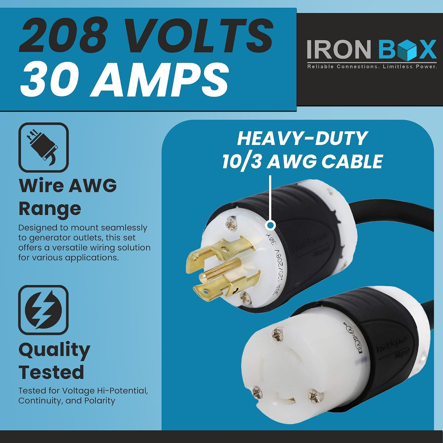 IronBox Electric - Heavy-Duty L21-30P to L6-30R Connector Plug Adapter - 10/3 AWG - 30 Amps & 208V Rated - Reliable Power Solution for Generators, Transfer Switches, and Industrial Equipment(100 foot)
