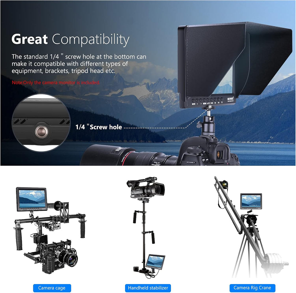 NEEWER F100 7 Inch Camera Field Monitor HD Video Assist Slim IPS 1280x800 HDMI Input 1080p with 2600mAh Li-ion Battery/USB Charger for DSLR Cameras, Handheld Stabilizer, Film Video Making Rig