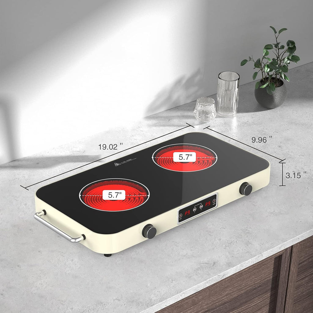 ANHANE 2200W Double Electric Cooktop: 12 Inch Portable Ceramic Infrared Hot Plate with 9 Power Levels & Timer - 110V/120V Countertop Burner with Reliable Knob Control, Works with All Cookware
