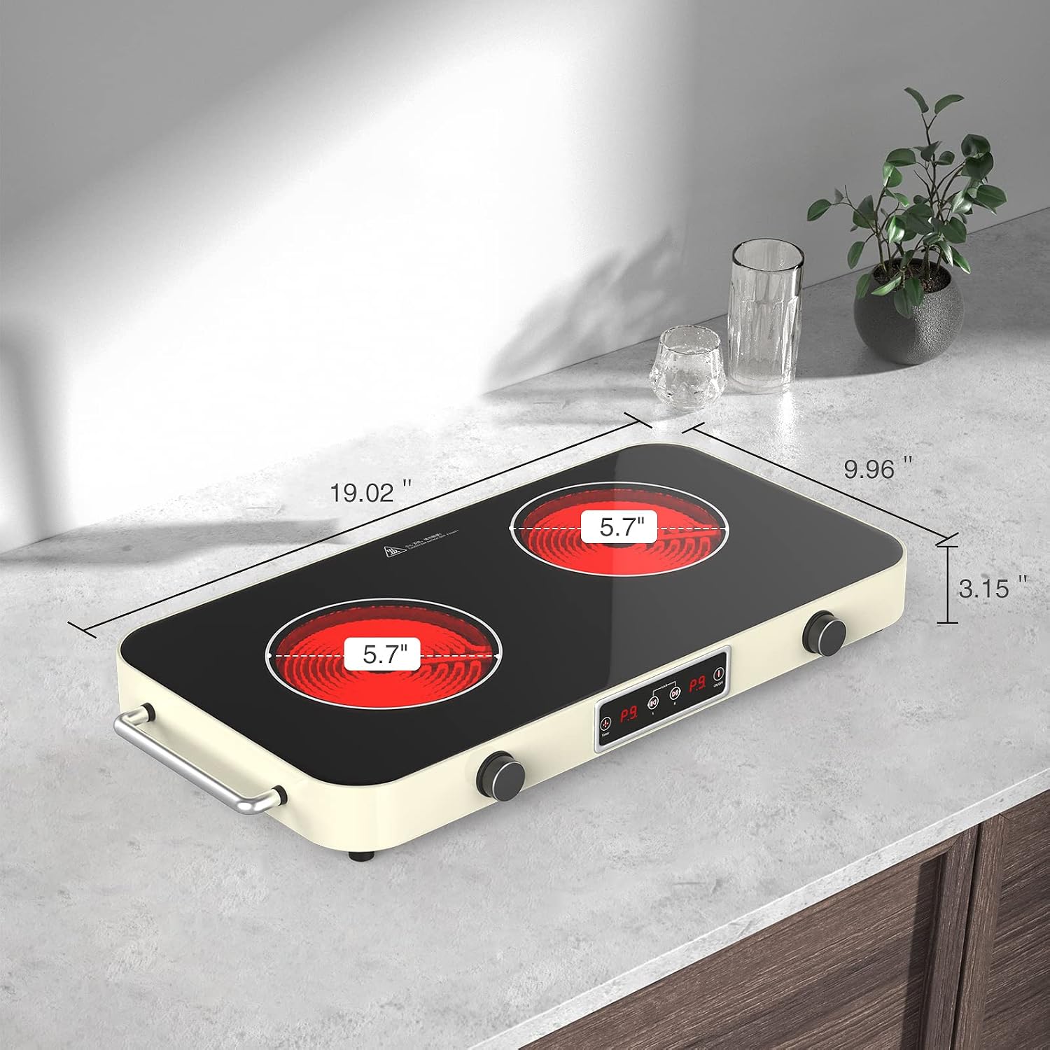ANHANE 2200W Double Electric Cooktop: 12 Inch Portable Ceramic Infrared Hot Plate with 9 Power Levels & Timer - 110V/120V Countertop Burner with Reliable Knob Control, Works with All Cookware