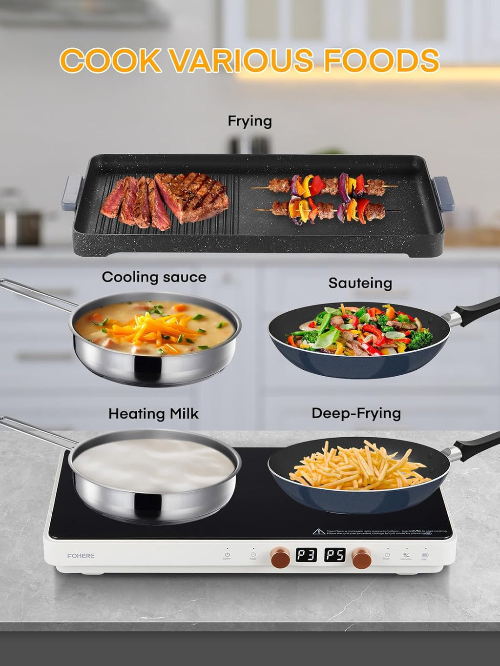 Induction Cooktop 2 Burners, Double Induction Griddle Cooktop 1800W with Removable Iron Cast Griddle Pan Non-stick, Independent Temperature Control, 8 Power Levels, 99 Min Timer for Magnetic Cookware
