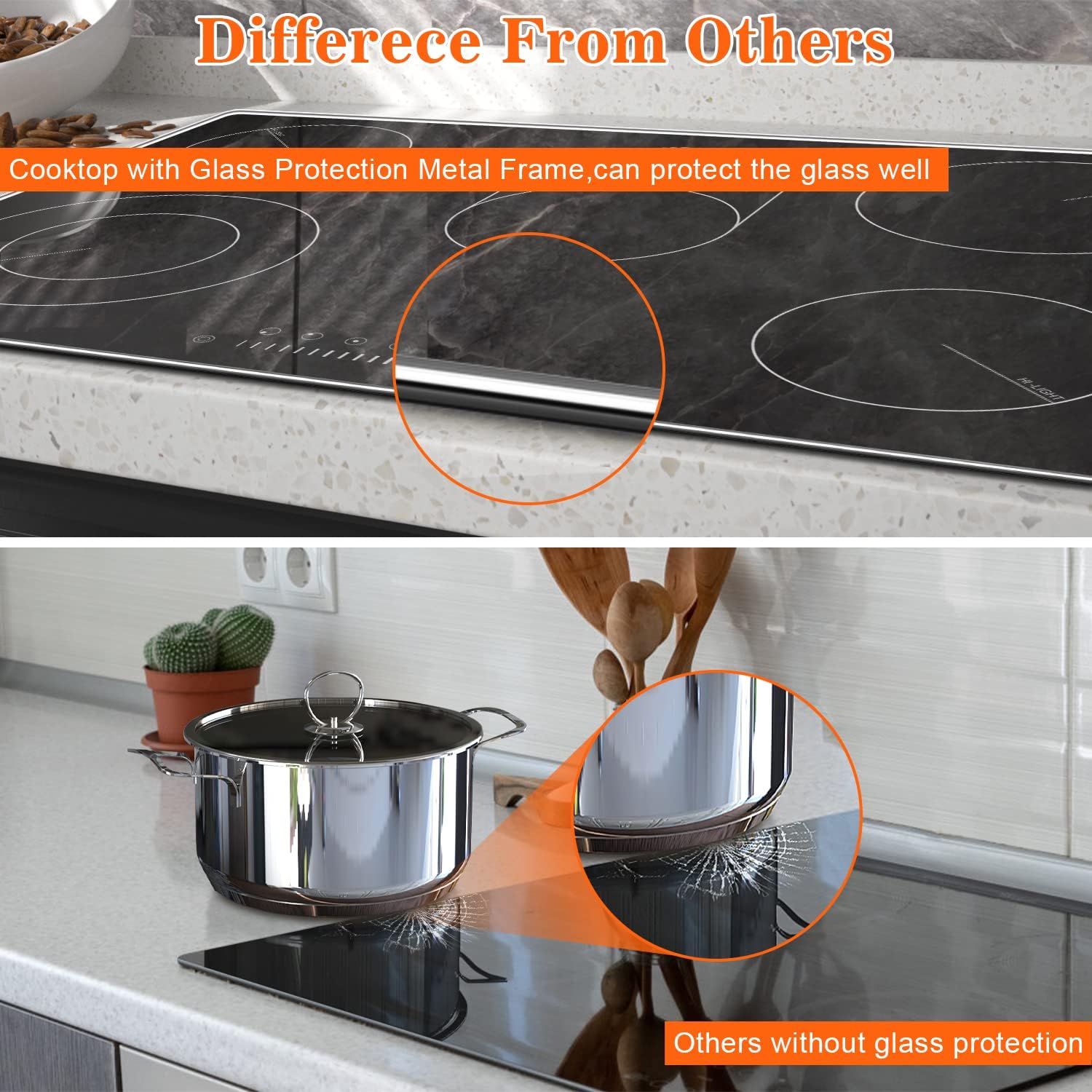 Karinear Electric Cooktop 30 Inch, 8400w 5 Burners Electric Stove Top, Built-in Ceramic Cooktop with Glass Protection Metal Frame, Multifunctional Stove for 220-240v, Hard Wire, No Plug