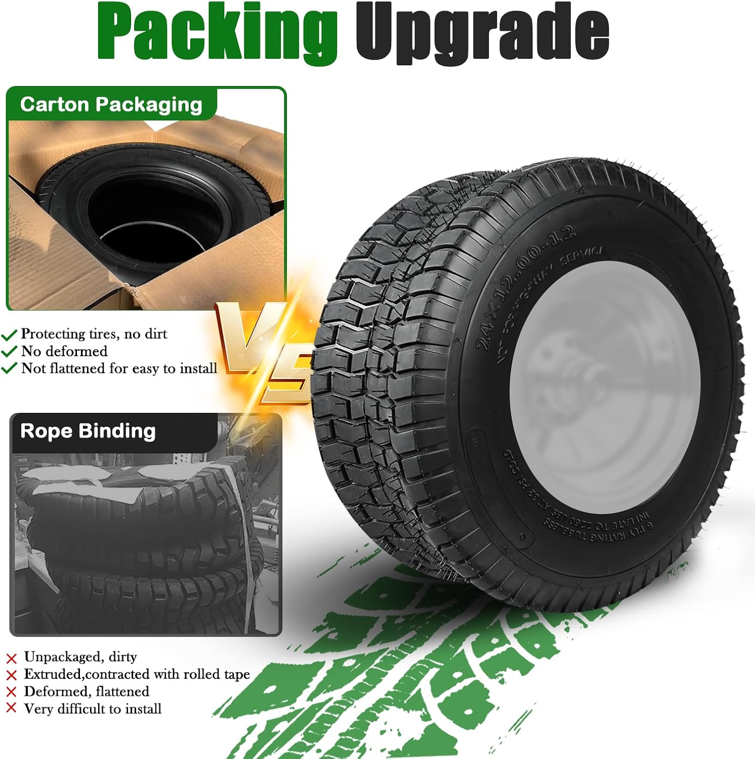 TRIPOWER 24x12.00-12 Lawn Mower Tires - 24x12x12 Turf Tires for Riding Mower and Lawn Garden Tractor, Durable, 6PR Tubeless, 2260lbs Capacity, Set of 2, Tire Only