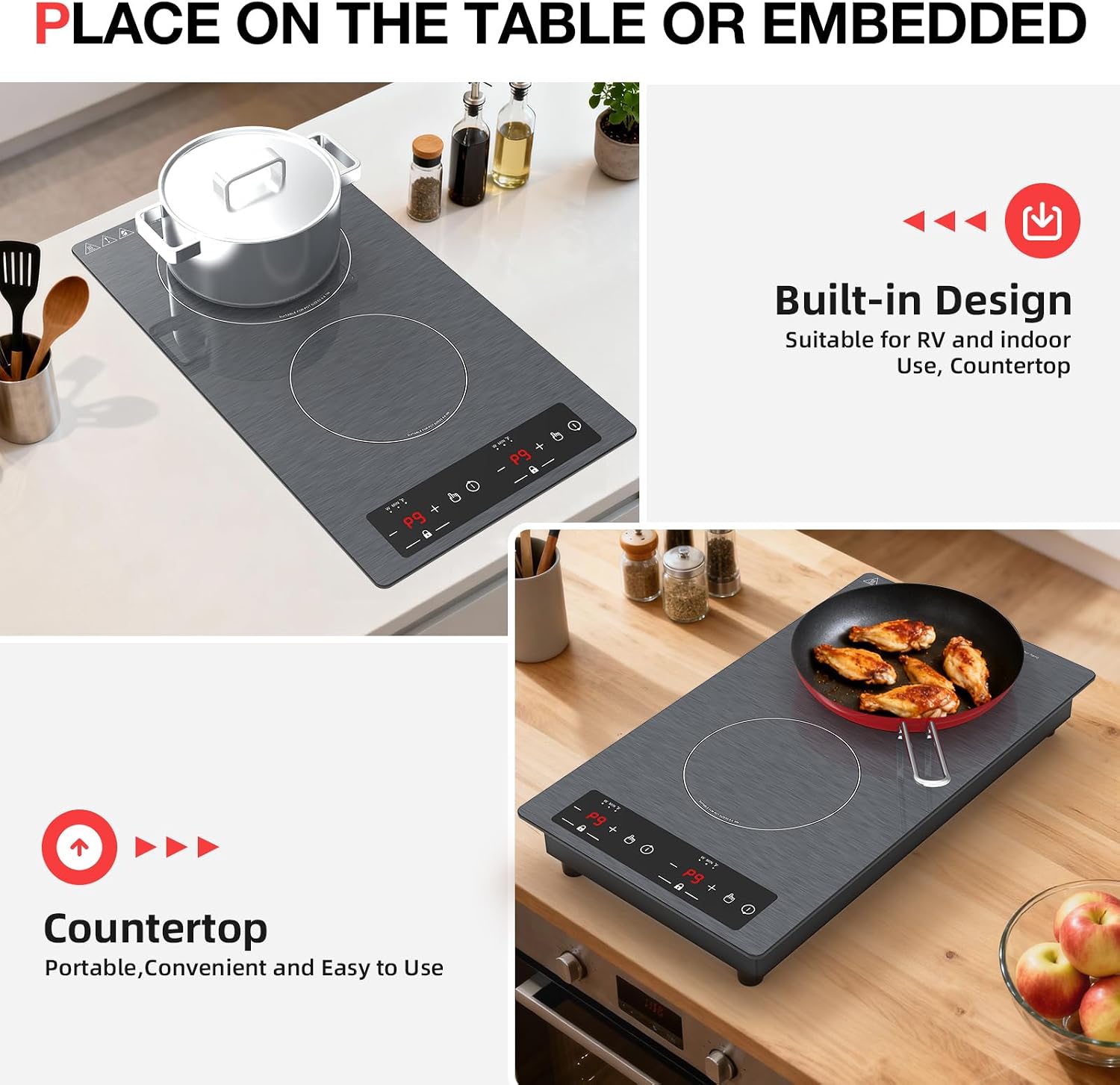 Double Induction Cooktop 110v-120v, GTKZW 2300W Electric Cooktop 20 inch Hot Plate Electric Stove Top with Plug in, Built-in and Countertop, 9 Power Levels, Timer & Safety Lock