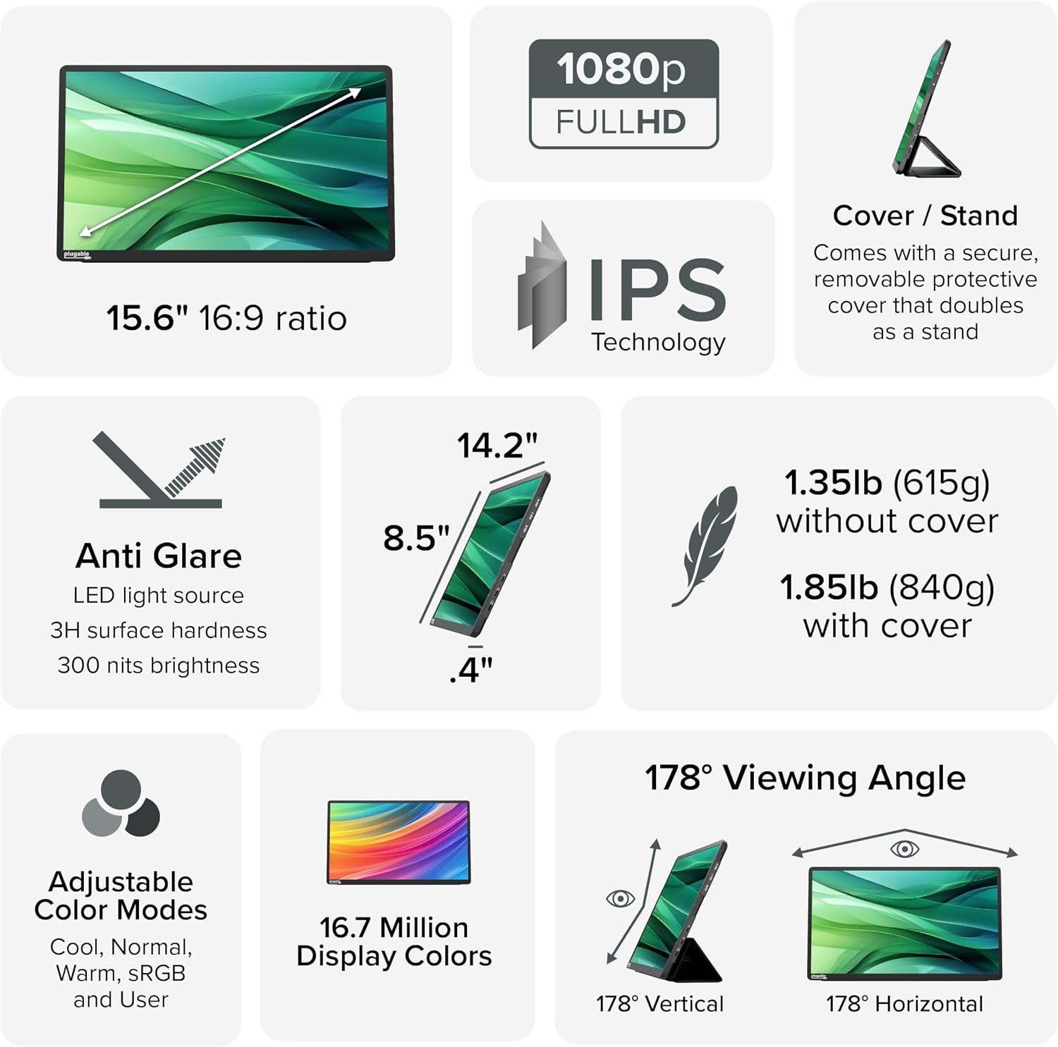 Plugable 15.6' USB-C Portable Monitor with 100W Pass-Through Charging | 2X USB-C 10Gbps Hub | FHD 1920x1080 IPS Display for Mac, Windows, iPad, Smartphone | 1.85lbs, Travel Cover/Stand Included
