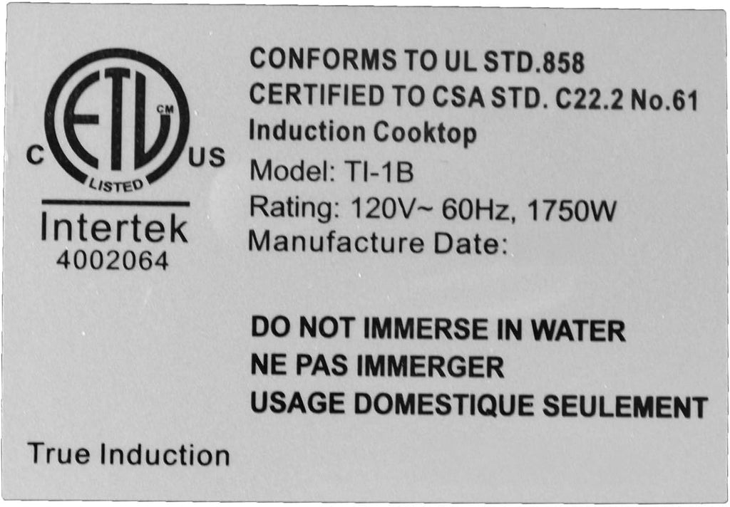 TI-1B 12 inch Built-In Single Burner Induction Glass-Ceramic Cooktop, 1750W, UL858 Certified
