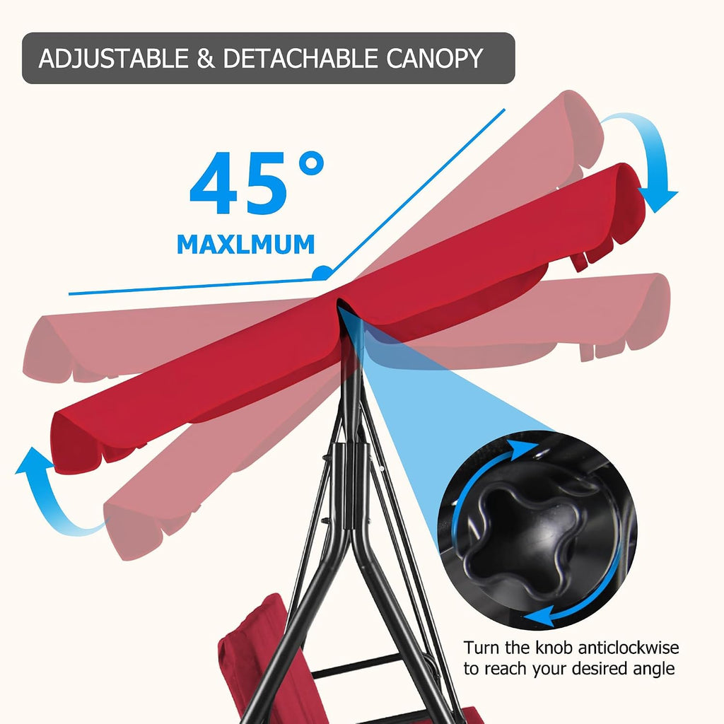 GARTOO 3-Seat Patio Swing Chair, Outdoor Porch Swing with Adjustable Canopy and Durable Steel Frame for Patio, Garden, Poolside(Red)