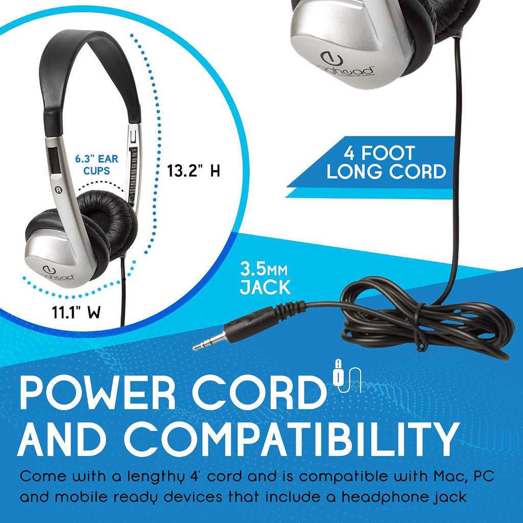 Egghead Stereo School Headphone W/Leatherette Ear Cushion (Pack of 20), black/silver