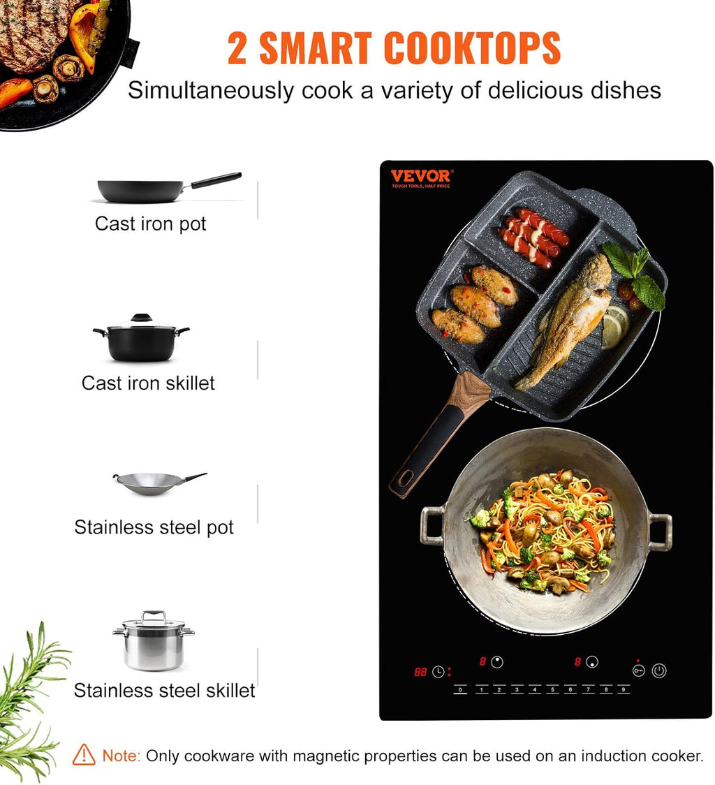 VEVOR Electric Cooktop, 2 Burners, 12'' Induction Stove Top, Built-in Magnetic Cooktop 1800W, 9 Heating Level Multifunctional Burner, LED Touch Screen w/Child Lock & Over-Temperature Protection