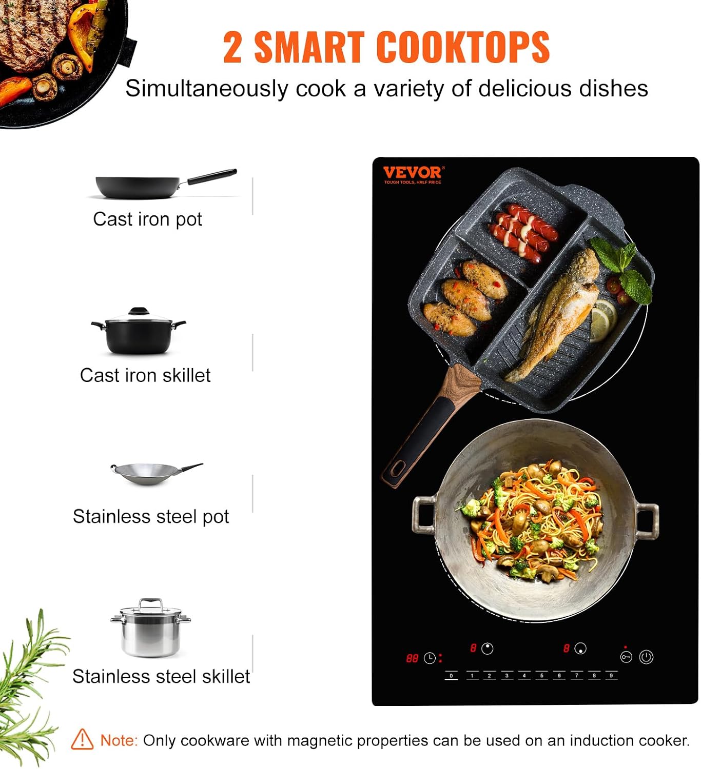 VEVOR Electric Cooktop, 2 Burners, 12'' Induction Stove Top, Built-in Magnetic Cooktop 1800W, 9 Heating Level Multifunctional Burner, LED Touch Screen w/Child Lock & Over-Temperature Protection