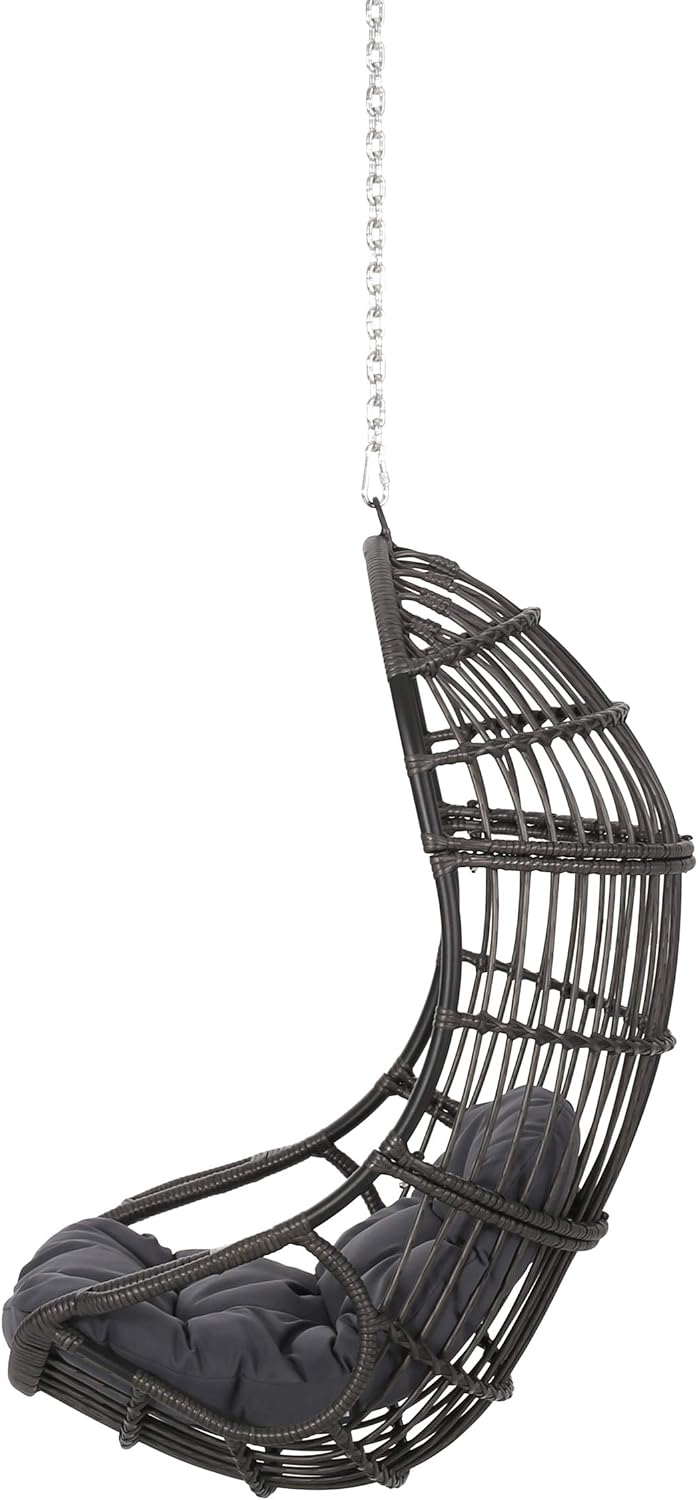 Wicker Egg Chair, Hanging Chair with 8FT Chain, Wicker Lounge Chair with Water Resistant Cushion, Indoor Outdoor Lounger for Patio, Backyard, Living Room, Only Chair (Gray-No Stand)