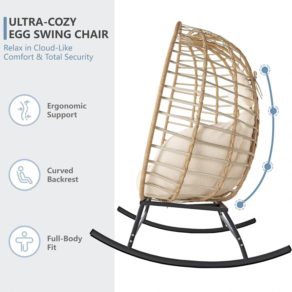 SWITTE Double Wicker Egg Rocking Chair Outdoor, Indoor Egg Swing Loveseat with Thick Cushions, Oversized 2-Person Patio Lounge Chair, 680 LBS Capacity for Balcony, Backyard, Porch-Beige