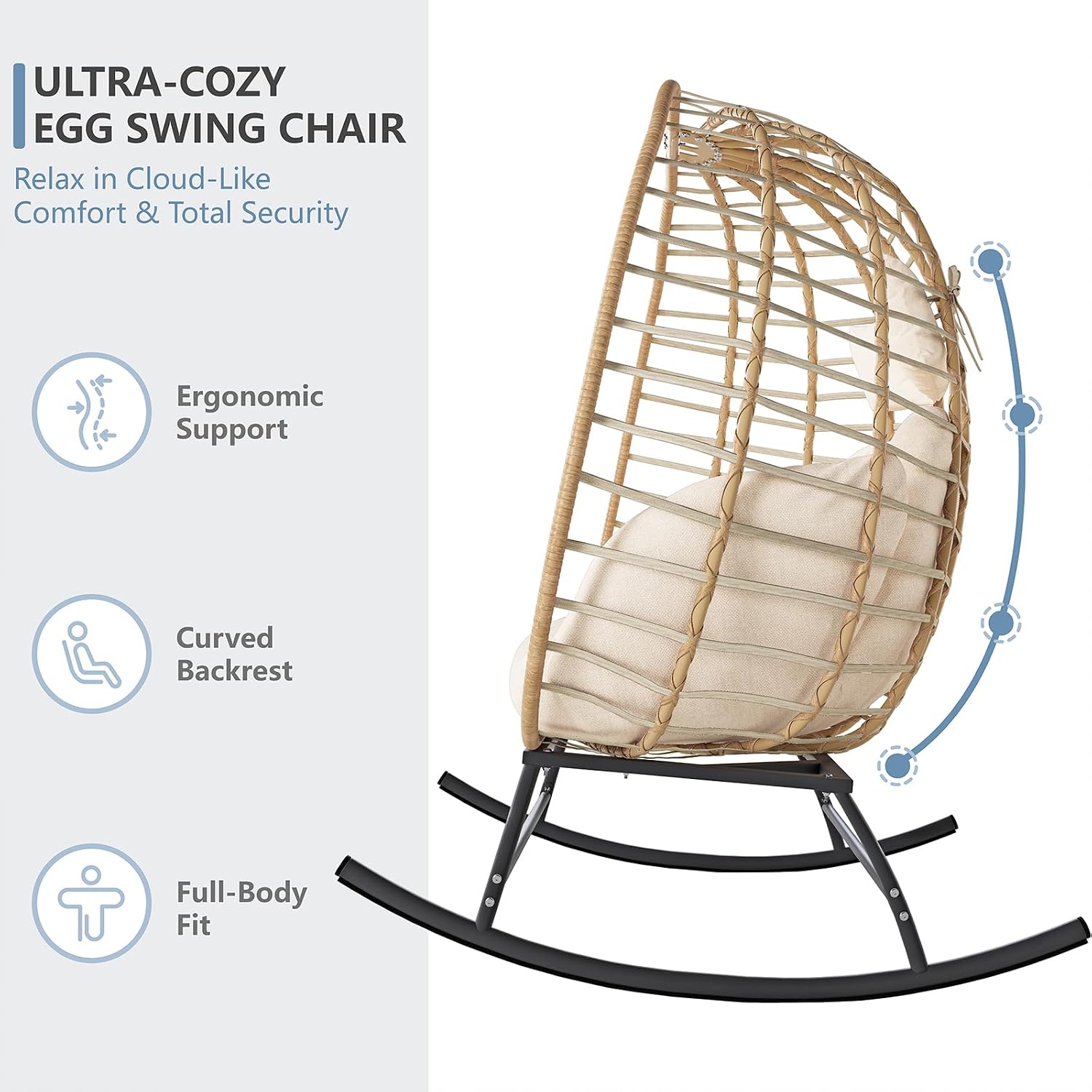 SWITTE Double Wicker Egg Rocking Chair Outdoor, Indoor Egg Swing Loveseat with Thick Cushions, Oversized 2-Person Patio Lounge Chair, 680 LBS Capacity for Balcony, Backyard, Porch-Beige