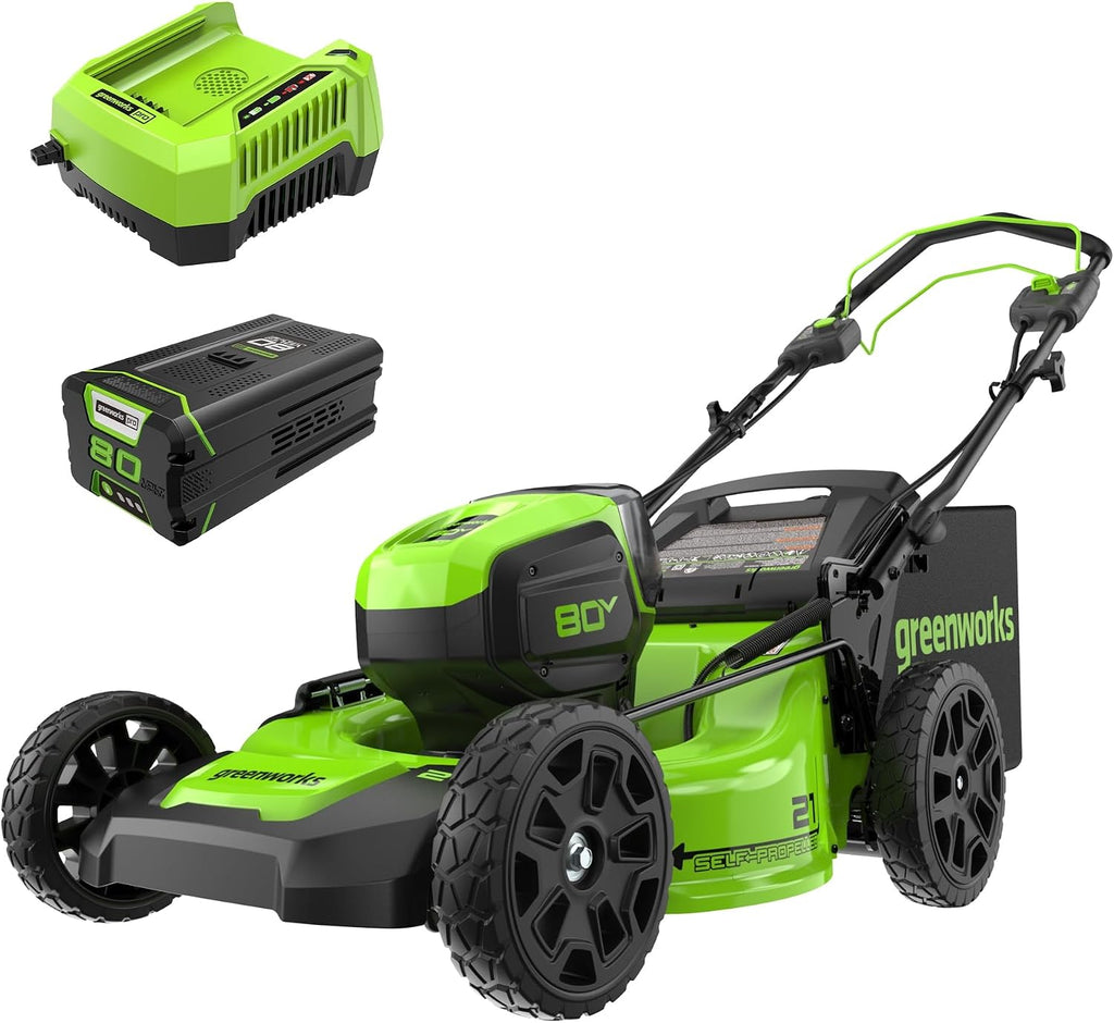 Greenworks 80V 21' Brushless Cordless (Self-Propelled) Lawn Mower (75+ Compatible Tools), 4.0Ah Battery and 60 Minute Rapid Charger Included