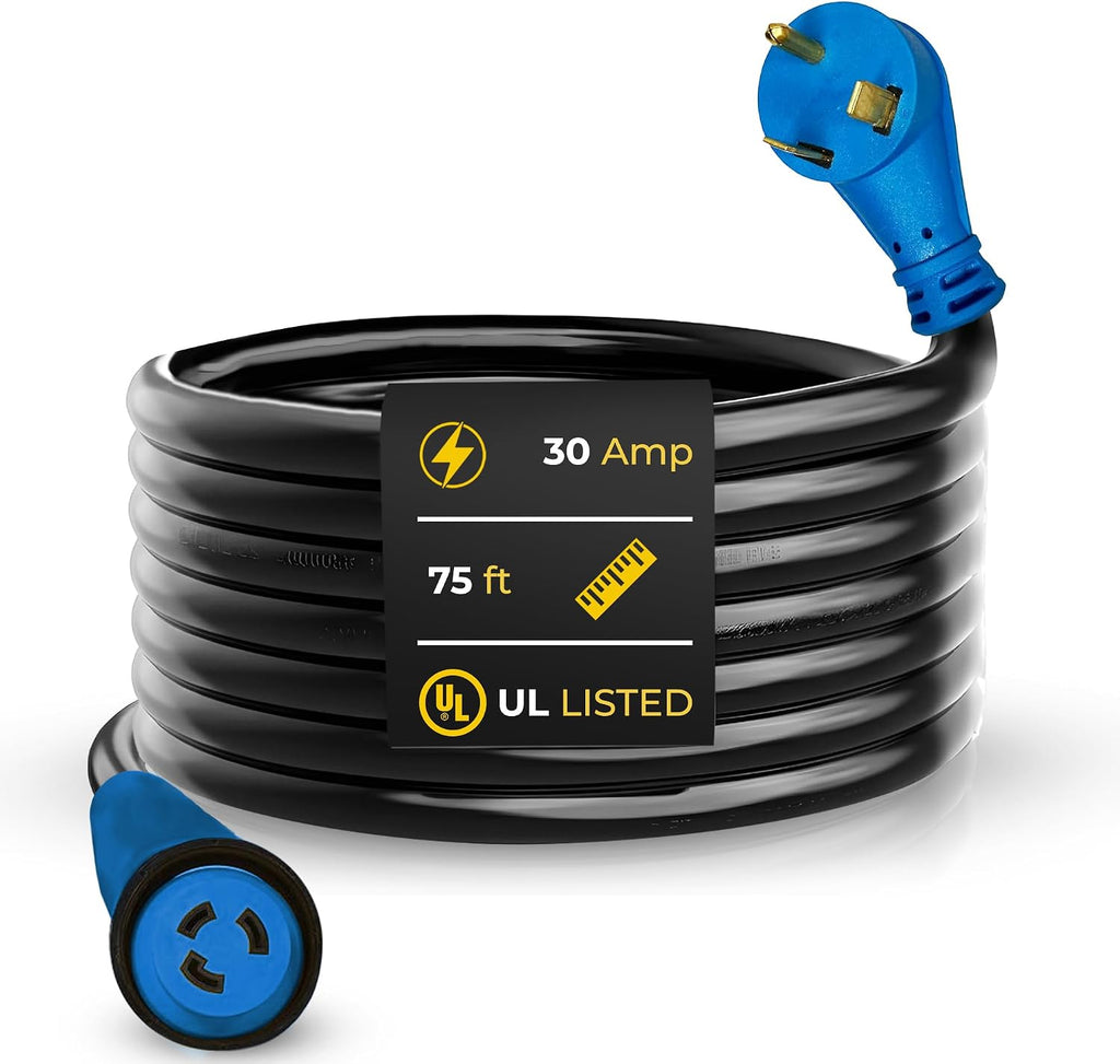 Amp Up 30 Amp Generator Cord, 75ft Heavy Duty NEMA L5-30 30amp Generator Power Cord, 3 Prong Extension Cable w/Twist Lock L5-30 end & Indicator Light, TT-30 Molded Ends, Stow 3C Cable from US Company