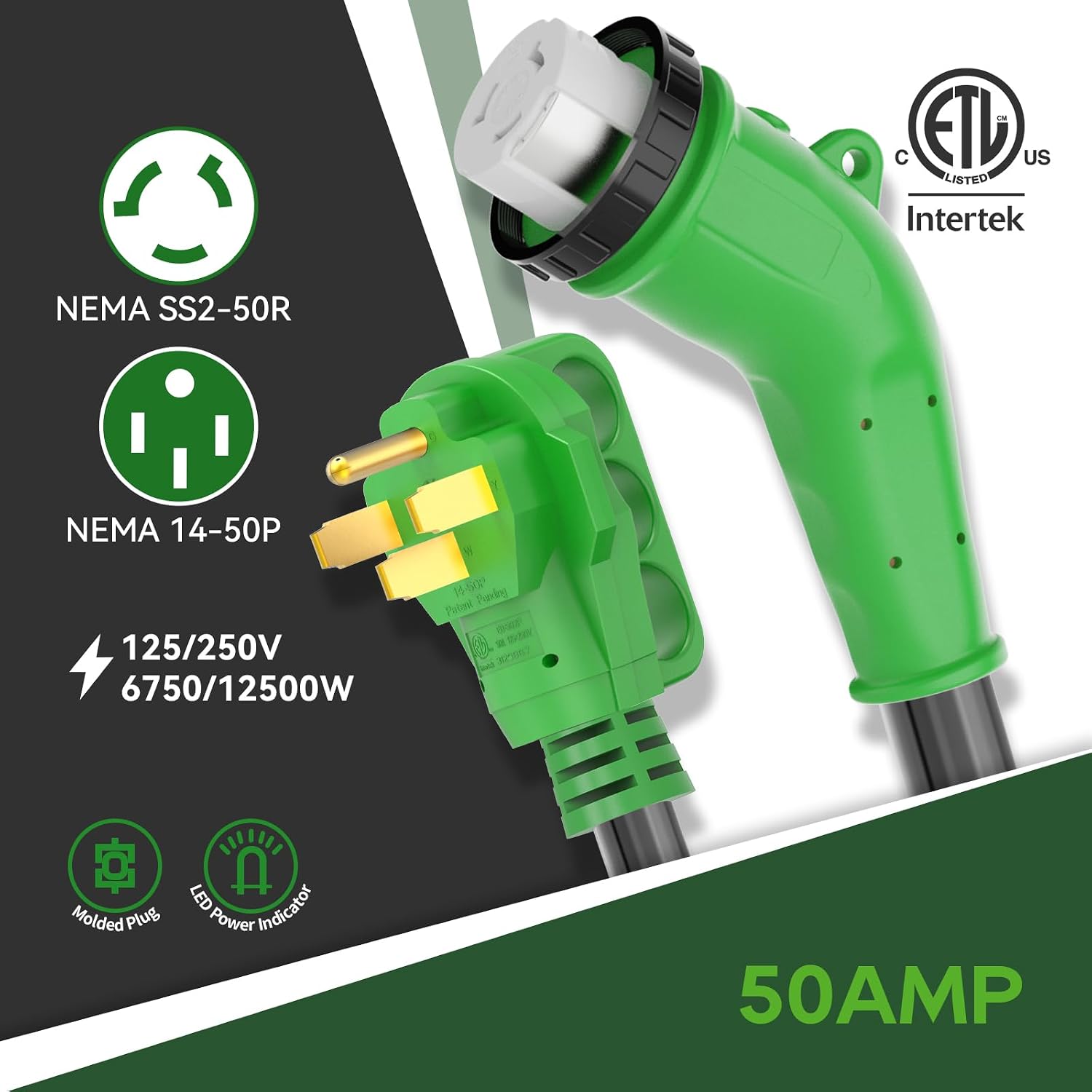 RVGUARD 50 Amp 25 Foot RV Power Cord with 135 Degree, 14-50P to SS2-50R Generator Extension Cord, Heavy Duty STW Cord with LED Power Indicator, Green, ETL Listed
