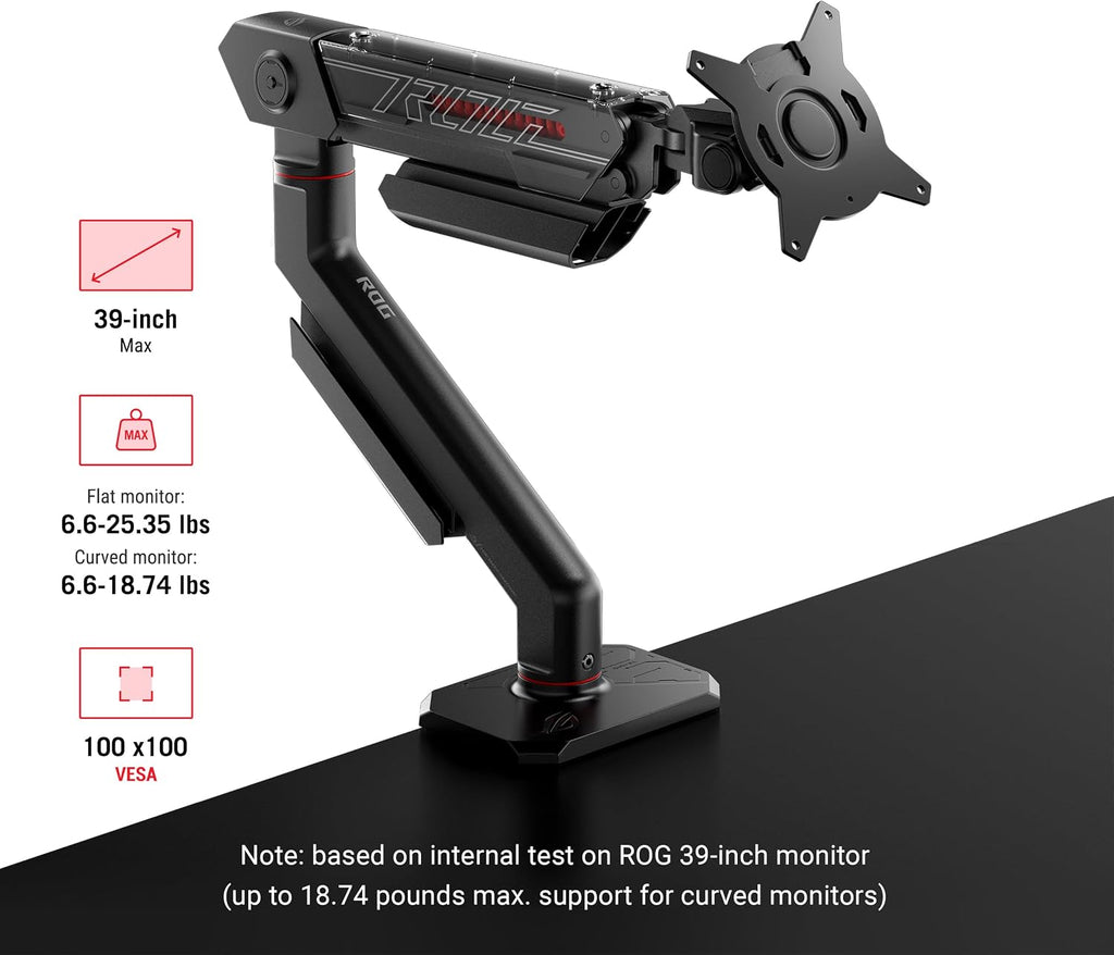 ASUS ROG Ergo Monitor Arm (AAS01) - Monitor Mount with Cable Management, Ergonomic, Pivot, Swivel, Height Fully Adjustable, Clean Desk Setup, up to 39 inches*,23lbs*, VESA 100x100, Mechanical Spring