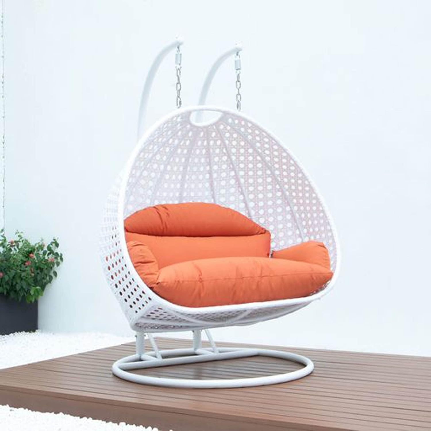 LeisureMod 2 Person Wicker Egg Chair Outdoor Indoor Bedroom Patio Hanging Lounge Swing Hammock Chairs with White Stand and UV Resistant Cushions (Orange)