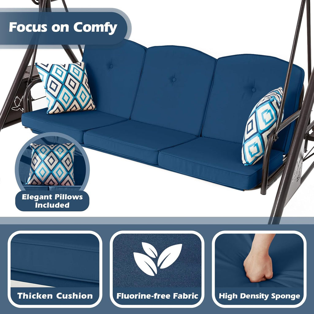 ZZW 800LBS Patio Swing with Canopy 3 Seat Outdoor Porch Swing with Stand w/Cup Holder & Pillow Glider Chair Swing Bed for Patio Backyard Poolside (Blue)