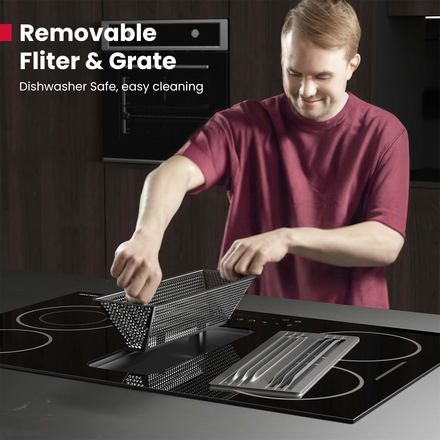 GASLAND Electric Cooktop with Downdraft 31.5 Inch(80cm), 4 Burners Glass Radiant Stovetop 220V, 3-speed Max. 330 CFM Downdraft Exhaust