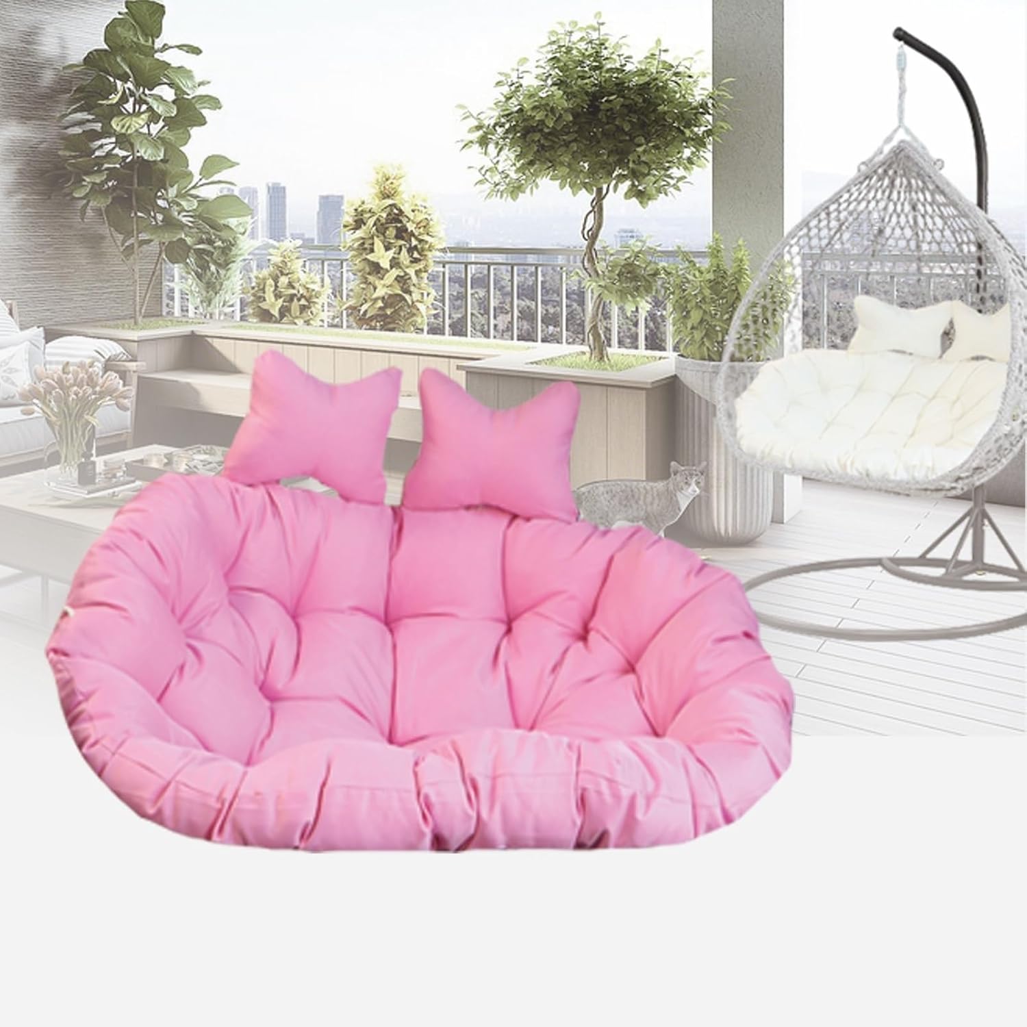 Double People Swing Chair Cushion, Washable Hanging Egg Chair Replacement Cushions, 2 Seater Waterproof Hanging Hammock Chair Seat Pads with 2 Detachable Pillow for Outdoor & Indoor, Pink