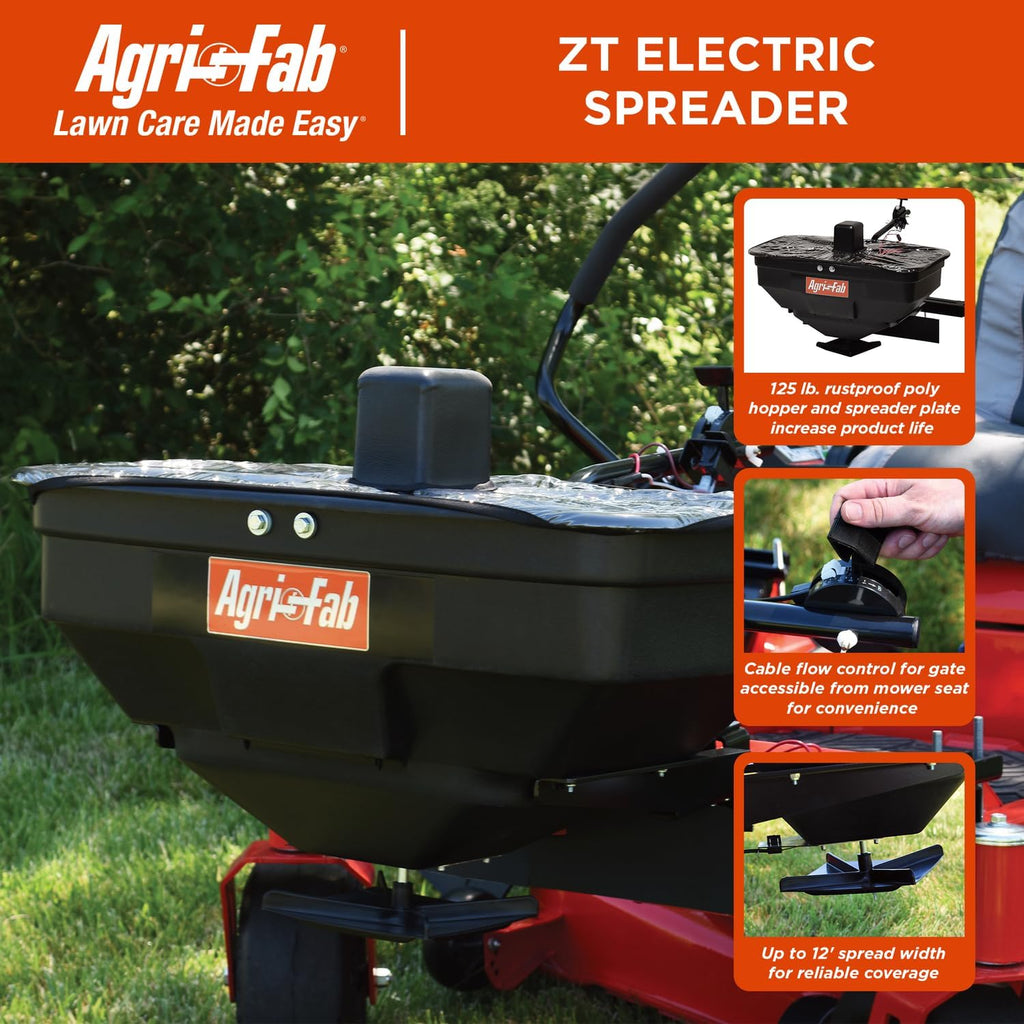 Agri-Fab 45-0627 Zero Turn Mower Electric Spreader, 125 lb Hopper Capacity, Grass, Seed, and Fertilizer Spreader, Spread Width up to 12 ft, Black