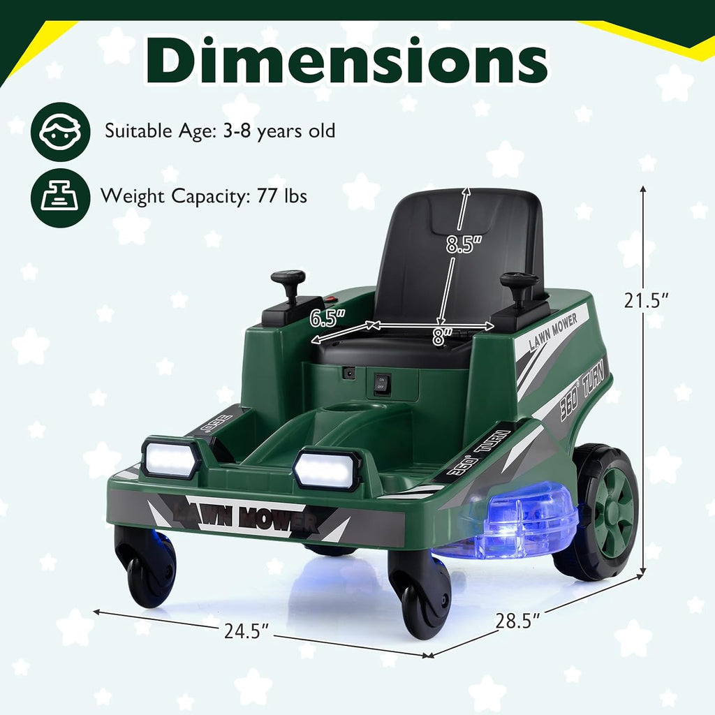 Costzon Ride on Lawn Mower for Kids, 12V Toddler Electric Car with 360° Twist and Turn, Dual Control Sticks, LED Lights, Outdoor Ride on Toy Gift for Boys & Girls Aged 3-8 (Dark Green)