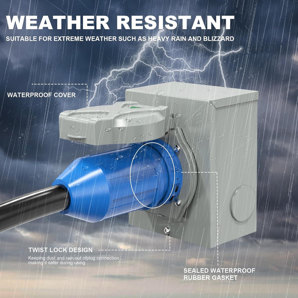 50 Amp Generator Cord and Power Inlet Box Pre-Drilled, 20FT Generator Extension Cords 50 Amp,125V/250V Generator Power Cord NEMA14-50P/SS2-50R Twist Lock Connector