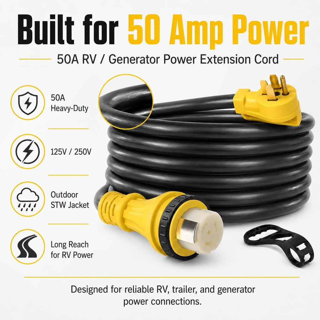 50FT 50 Amp RV Extension Cord, NEMA 14-50P to SS2-50R Twist Lock Power Cord, 6/3 + 8/1 STW Heavy Duty Outdoor Cord for RV, Trailer, Camper, Generator Connection, 125/250V
