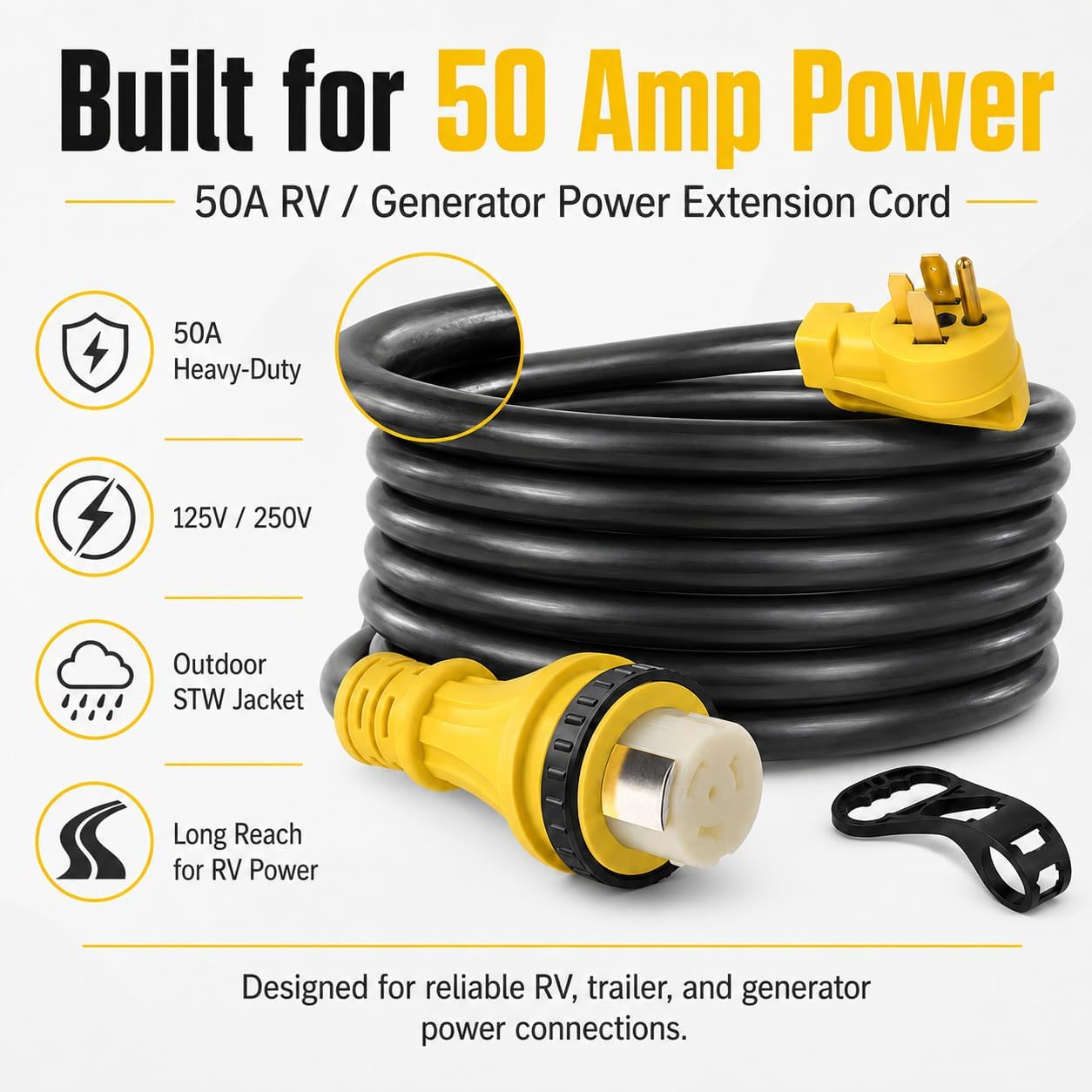 50FT 50 Amp RV Extension Cord, NEMA 14-50P to SS2-50R Twist Lock Power Cord, 6/3 + 8/1 STW Heavy Duty Outdoor Cord for RV, Trailer, Camper, Generator Connection, 125/250V