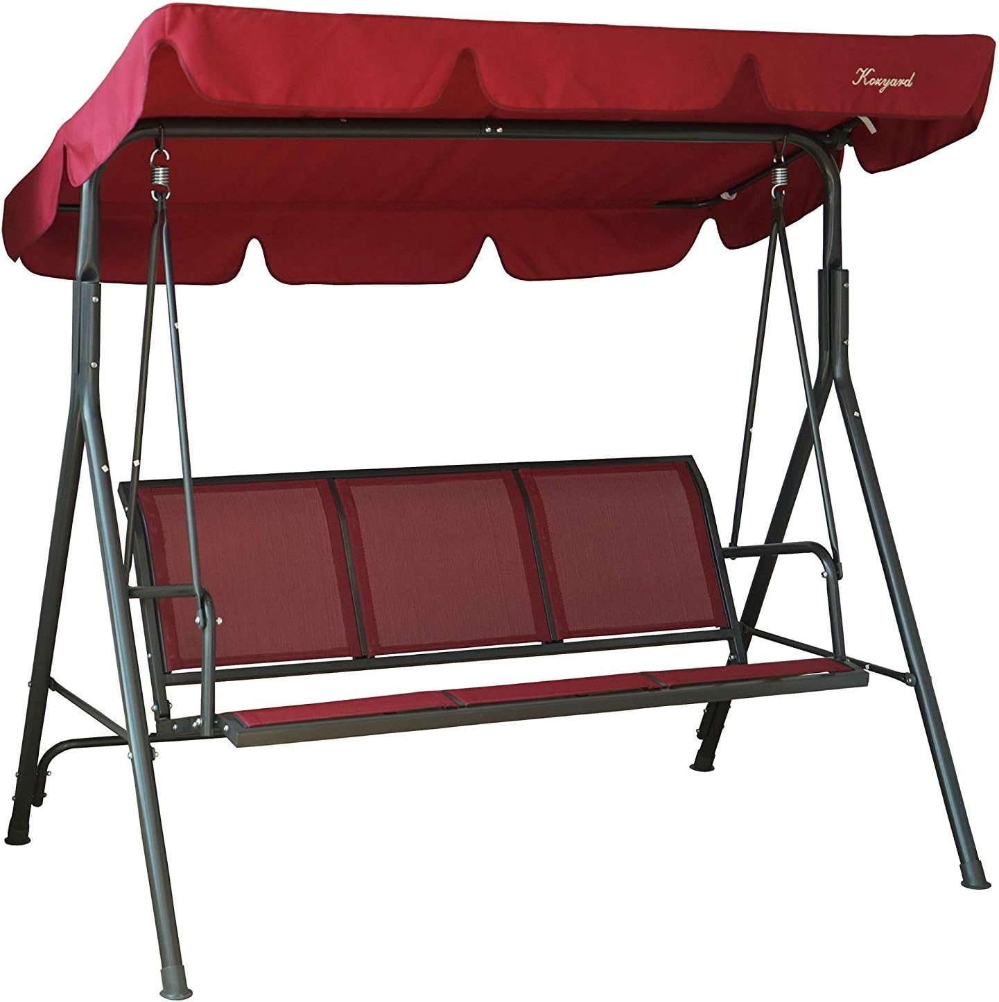 Kozyard 3-Person Outdoor Canopy Porch Swing Chair, Breathable Textilene Armrest Seat, Adjustable Shade, Heavy-Duty Powder-Coated Steel Frame Swing for Patio, Backyard, Poolside & Balcony Burgundy