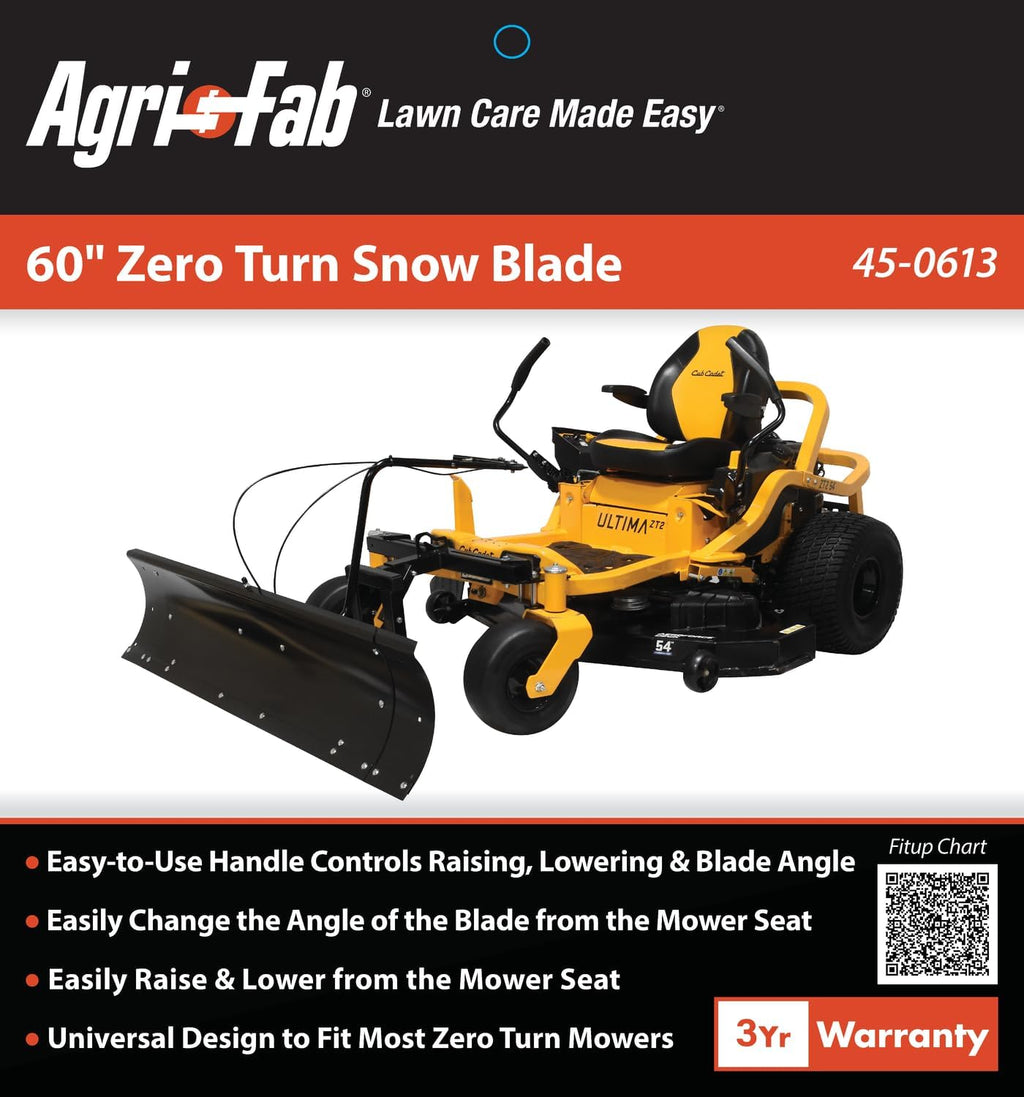 Agri-Fab 45-0613, 60-in Snow Blade for Zero Turn Lawn Mower; Swivels Left, Center and Right; Lifts Easy from seat of Tractor; Made with 14 Gauge Steel; 3 Year Limited Warranty