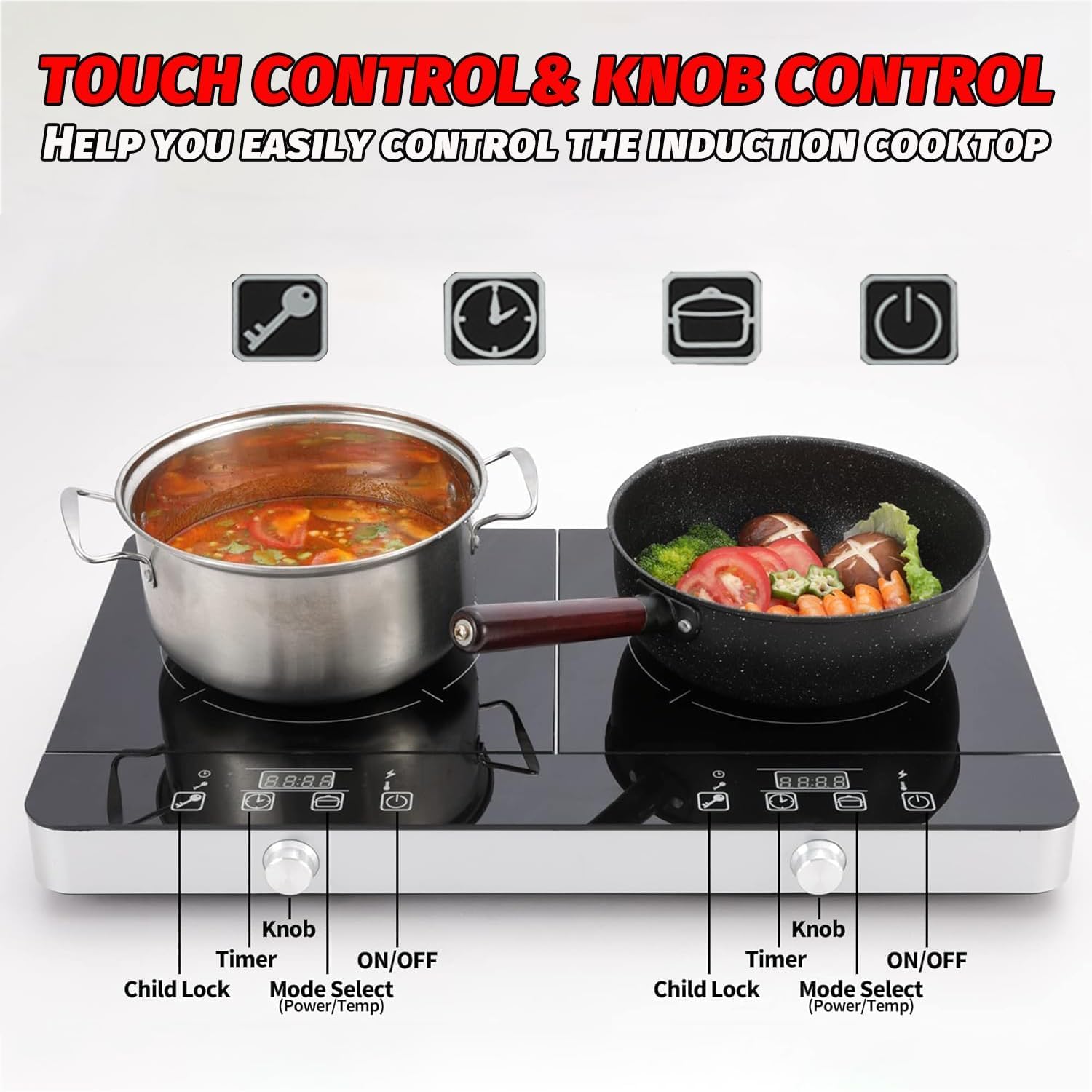 Portable Double Induction Cooktop, 1800W 2-Burner Electric Cooktop, Countertop Stove Top, Hot Plate, Induction Burner with Timer, 10 Temp Levels, Child Lock, 110V-120V Plug, Black