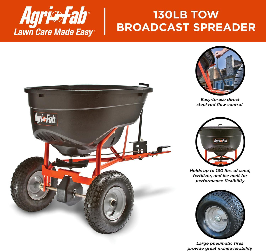 Agri-Fab 45-0463 Pull Behind Broadcast Spreader,130 lb. Hopper Capacity Designed for Seed, Fertilizer, Salt, Ice Melt with Universal Hitch,12 ft. Spread Width for Riding Lawn Mowers and Lawn Tractors