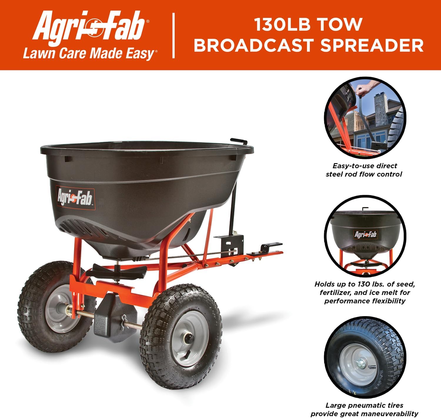 Agri-Fab 45-0463 Pull Behind Broadcast Spreader,130 lb. Hopper Capacity Designed for Seed, Fertilizer, Salt, Ice Melt with Universal Hitch,12 ft. Spread Width for Riding Lawn Mowers and Lawn Tractors