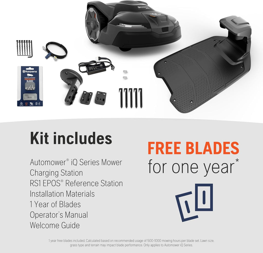 Husqvarna Automower 440iQ Robotic Mower, 2 Acre Mowing Capacity, Wire Free Robot Lawn Mower with Charging Station, RS1 EPOS Reference Station and Replacement Blades