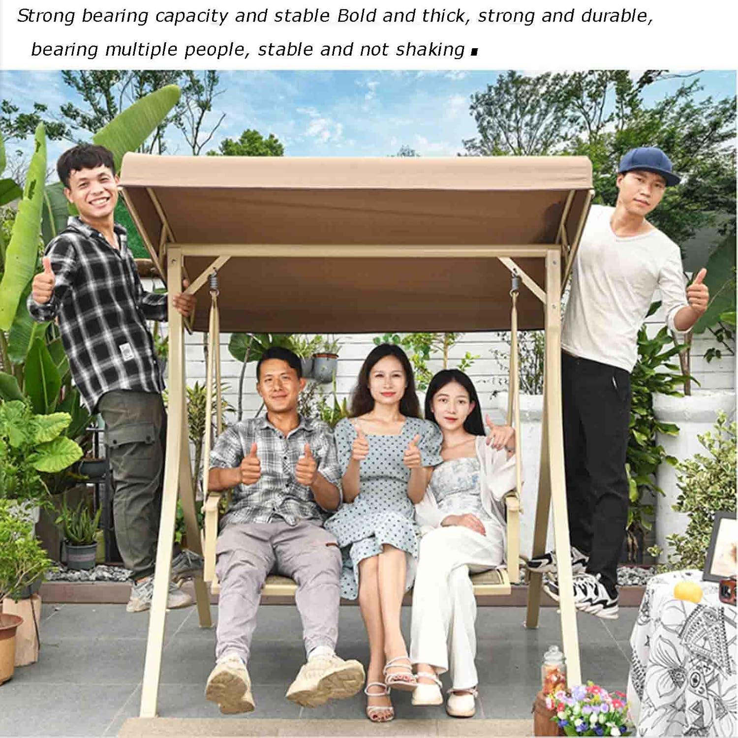 2-seat Outdoor Swing, Wrought Iron Rocking Chair, Balcony Hanging Chair, Frame Structure with Rotatable Canopy Porch Swing (Three Persons)