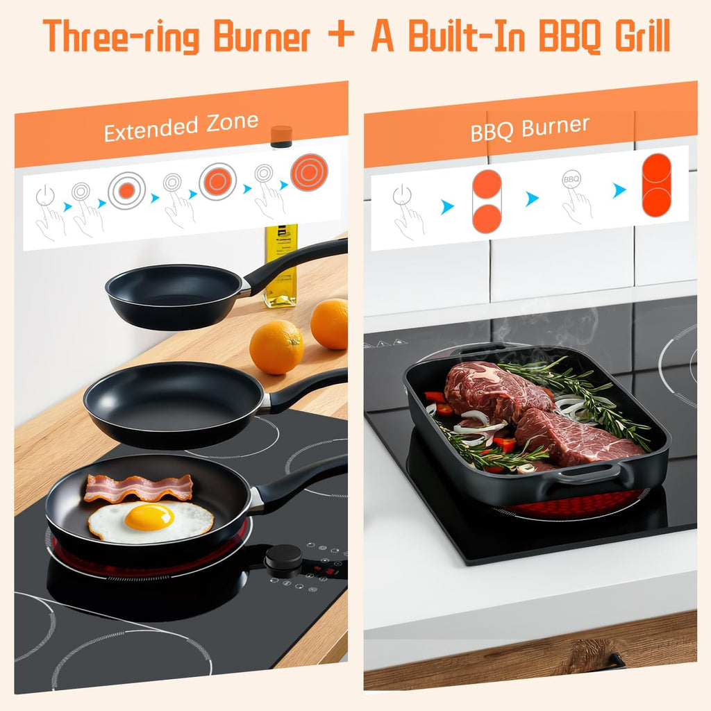 36 Inch Electric Cooktop, 5 Burner Stove Top 9600W, Built in Electric Cooktop 36', Magnetic Knob, Three-ring Burner & BBQ, Timer, Safety Lock, Pause, 220V-240V Hard Wire (No Plug)