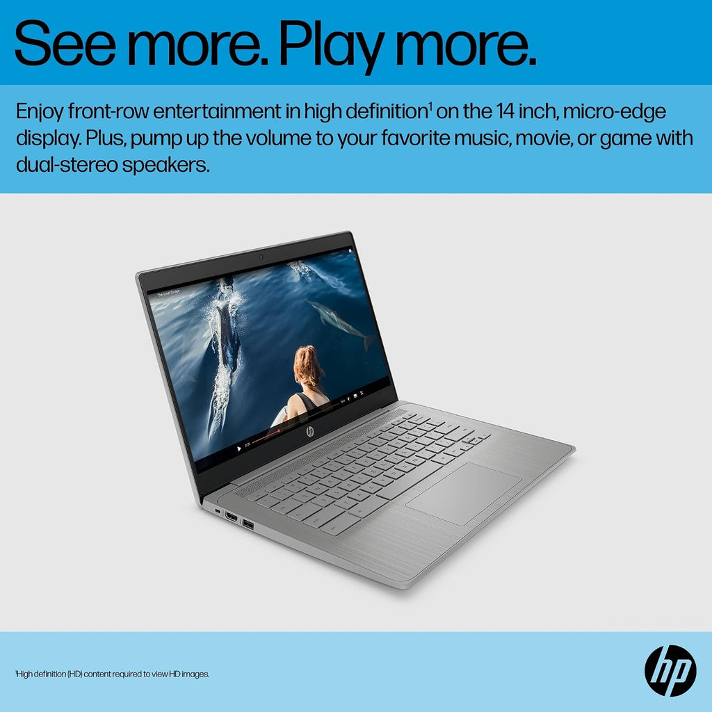 HP Chromebook 14 Laptop (14' HD, Intel 4-Core Celeron N4120, 4GB RAM, 192GB Storage(64GB+128GB SD Card)) for Home & Student, Light Weight & 14-Hr Battery Life, Webcam, Wi-Fi, IST HUB, Chrome OS, Grey