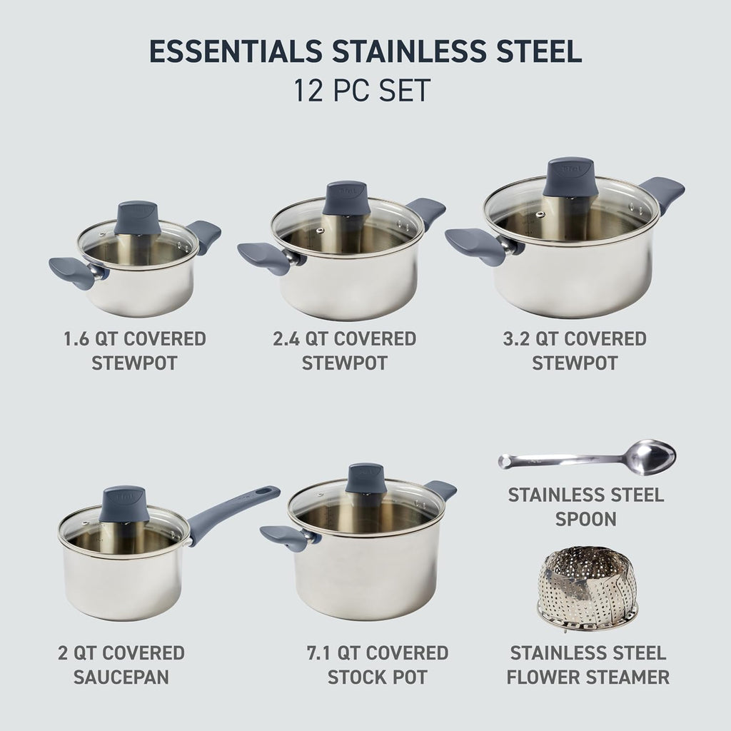 T-fal Essentials Stainless Steel Cookware Set 12 Piece, Induction Compatible, Oven Safe 350F, Cooking Set w/Stewpots, Stockpot, Saucepan, Lids & Tools, Measuring Marks, Dishwasher Safe, Silver/Blue