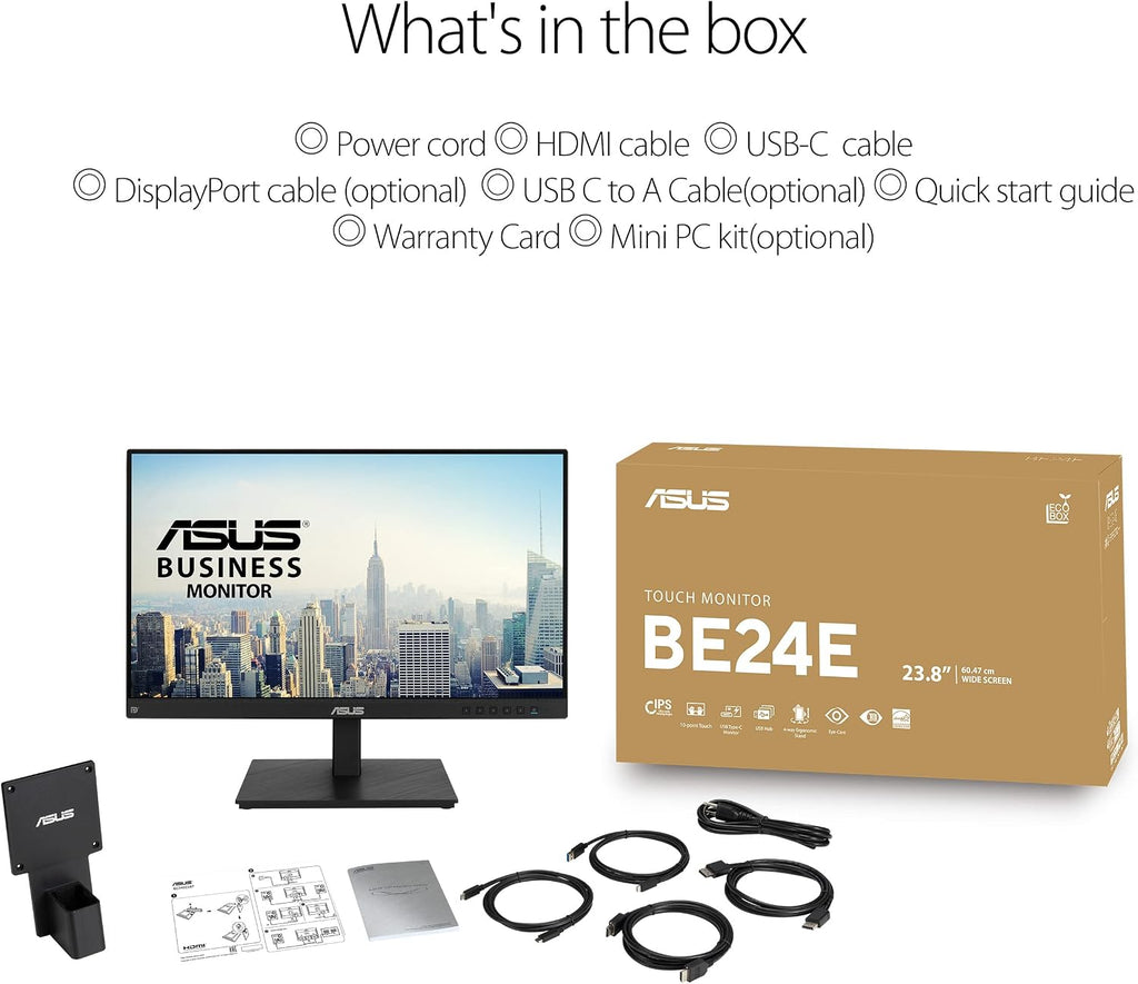 ASUS 24' 1080P Multi-Touch Monitor (BE24ECSBT) - Full HD, IPS, 10-Point Touch, IPS, Eye Care, USB-C with Power Delivery, HDMI, DisplayPort Daisy Chain, Height Adjustable, VESA Wall Mountable