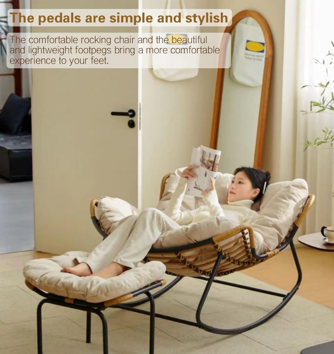 Oversized Egg Rocking Chair with Cushion, Patio Wicker Hanging Egg Chair with Padded Seat,Modern Rattan Rocker for Porch, Garden, Living Room, Bedroom(Orange)