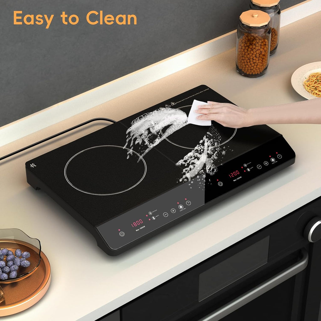 Double Induction Cooktop, 1800W Portable Induction Cooktop 2 Burner Independent Touch Control, Ceramic Electric Stove with 9 Temperature and Power Level, Safety Lock, 3 Hour Timer - Black