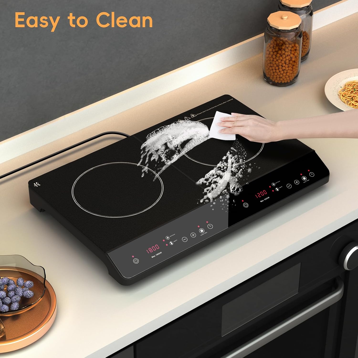 Double Induction Cooktop, 1800W Portable Induction Cooktop 2 Burner Independent Touch Control, Ceramic Electric Stove with 9 Temperature and Power Level, Safety Lock, 3 Hour Timer - Black