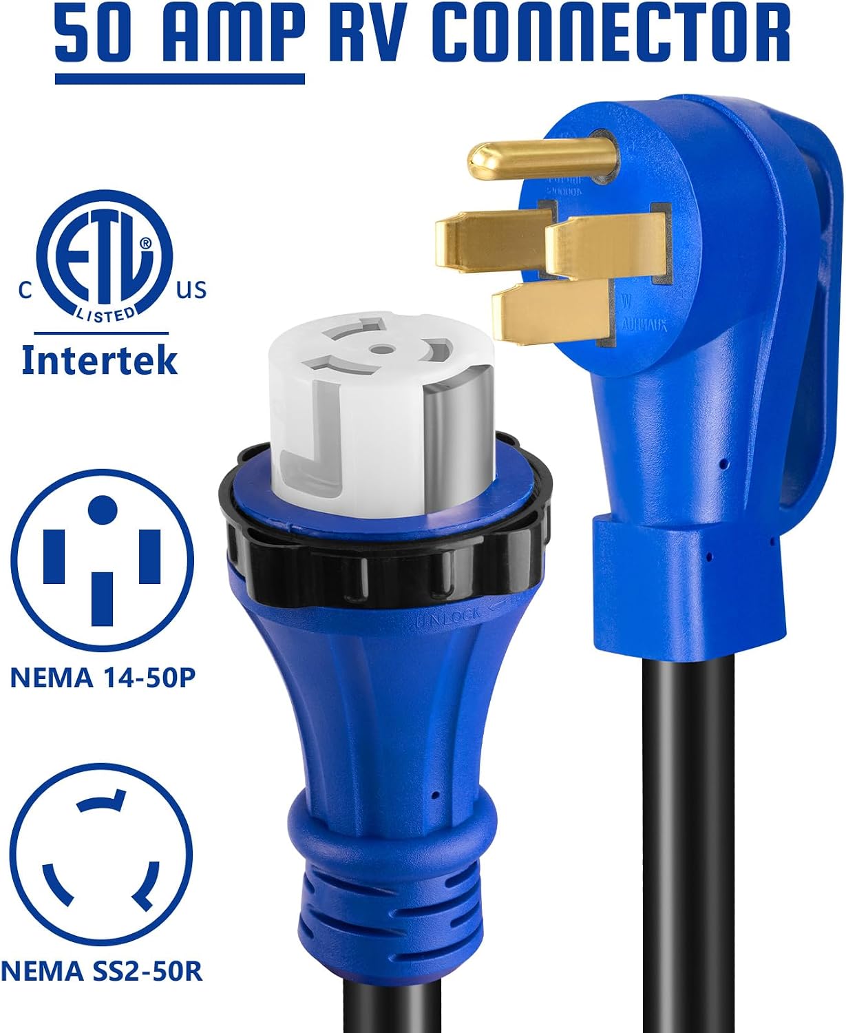 50 Amp 50FT RV Extension Cord, ETL Listed Heavy Duty Copper NEMA 14-50P to SS2-50R Power Cord with Twist Lock and Polarity Indicator